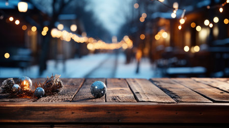 Winter scene with warm candle lights on a bridge, festive tree in the background, and a rustic wooden foreground in a serene snowy landscapeの素材
