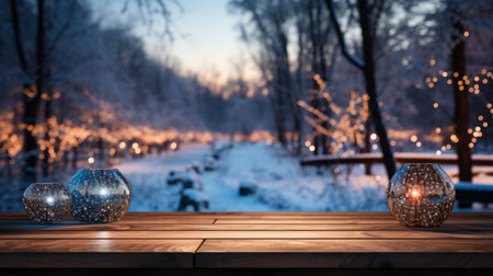Winter scene with warm candle lights on a bridge, festive tree in the background, and a rustic wooden foreground in a serene snowy landscapeの素材