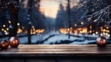 Winter scene with warm candle lights on a bridge, festive tree in the background, and a rustic wooden foreground in a serene snowy landscapeの素材