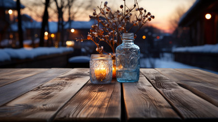 Winter scene with warm candle lights on a bridge, festive tree in the background, and a rustic wooden foreground in a serene snowy landscapeの素材