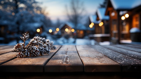 Winter scene with warm candle lights on a bridge, festive tree in the background, and a rustic wooden foreground in a serene snowy landscapeの素材