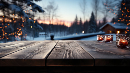 Winter scene with warm candle lights on a bridge, festive tree in the background, and a rustic wooden foreground in a serene snowy landscapeの素材