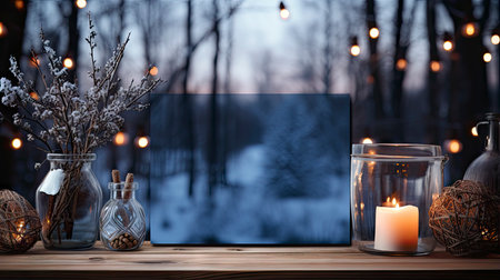 Winter scene with warm candle lights on a bridge, festive tree in the background, and a rustic wooden foreground in a serene snowy landscapeの素材