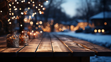 Winter scene with warm candle lights on a bridge, festive tree in the background, and a rustic wooden foreground in a serene snowy landscapeの素材