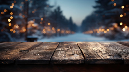 Winter scene with warm candle lights on a bridge, festive tree in the background, and a rustic wooden foreground in a serene snowy landscapeの素材