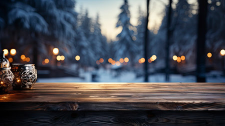 Winter scene with warm candle lights on a bridge, festive tree in the background, and a rustic wooden foreground in a serene snowy landscapeの素材