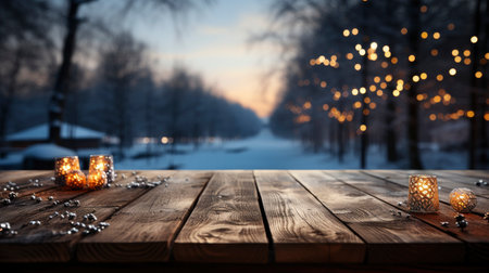 Winter scene with warm candle lights on a bridge, festive tree in the background, and a rustic wooden foreground in a serene snowy landscapeの素材