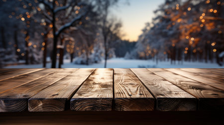 Winter scene with warm candle lights on a bridge, festive tree in the background, and a rustic wooden foreground in a serene snowy landscapeの素材