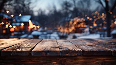 Winter scene with warm candle lights on a bridge, festive tree in the background, and a rustic wooden foreground in a serene snowy landscapeの素材