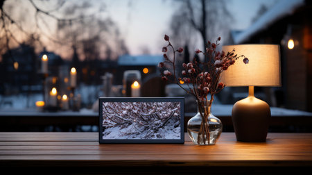 Winter scene with warm candle lights on a bridge, festive tree in the background, and a rustic wooden foreground in a serene snowy landscapeの素材