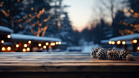 Winter scene with warm candle lights on a bridge, festive tree in the background, and a rustic wooden foreground in a serene snowy landscapeの素材