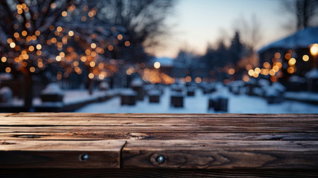 Winter scene with warm candle lights on a bridge, festive tree in the background, and a rustic wooden foreground in a serene snowy landscapeの素材