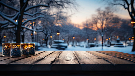 Winter scene with warm candle lights on a bridge, festive tree in the background, and a rustic wooden foreground in a serene snowy landscapeの素材