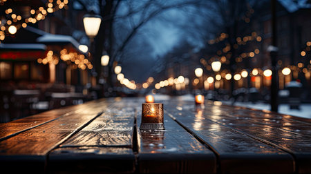 Winter scene with warm candle lights on a bridge, festive tree in the background, and a rustic wooden foreground in a serene snowy landscapeの素材