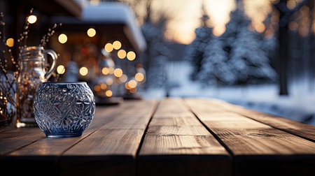 Winter scene with warm candle lights on a bridge, festive tree in the background, and a rustic wooden foreground in a serene snowy landscapeの素材