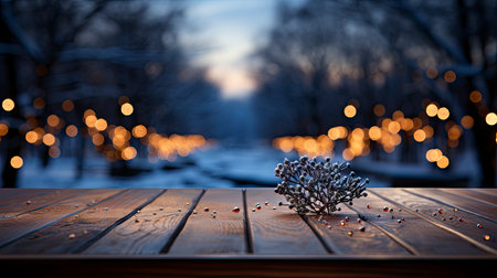 Winter scene with warm candle lights on a bridge, festive tree in the background, and a rustic wooden foreground in a serene snowy landscapeの素材