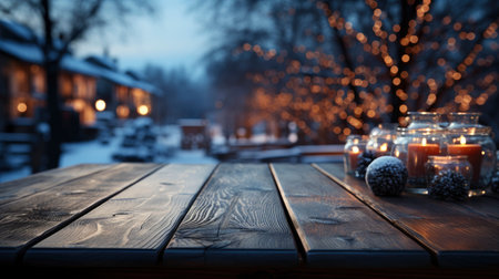 Winter scene with warm candle lights on a bridge, festive tree in the background, and a rustic wooden foreground in a serene snowy landscapeの素材