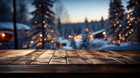 Winter scene with warm candle lights on a bridge, festive tree in the background, and a rustic wooden foreground in a serene snowy landscapeの素材