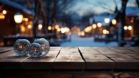 Winter scene with warm candle lights on a bridge, festive tree in the background, and a rustic wooden foreground in a serene snowy landscapeの素材