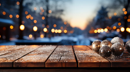 Winter scene with warm candle lights on a bridge, festive tree in the background, and a rustic wooden foreground in a serene snowy landscapeの素材