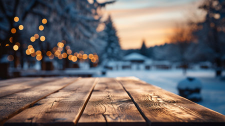 Winter scene with warm candle lights on a bridge, festive tree in the background, and a rustic wooden foreground in a serene snowy landscapeの素材