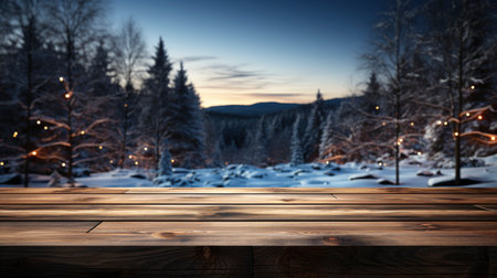 Winter scene with warm candle lights on a bridge, festive tree in the background, and a rustic wooden foreground in a serene snowy landscapeの素材
