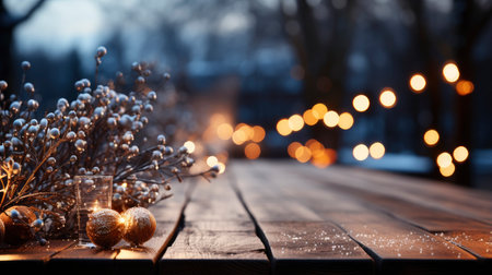 Winter scene with warm candle lights on a bridge, festive tree in the background, and a rustic wooden foreground in a serene snowy landscapeの素材