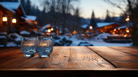Winter scene with warm candle lights on a bridge, festive tree in the background, and a rustic wooden foreground in a serene snowy landscapeの素材