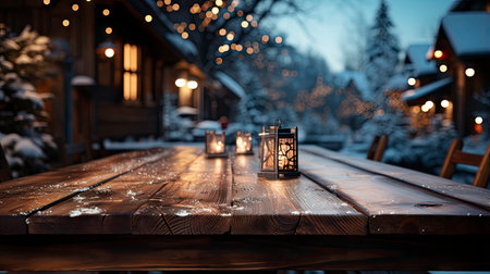 Winter scene with warm candle lights on a bridge, festive tree in the background, and a rustic wooden foreground in a serene snowy landscapeの素材