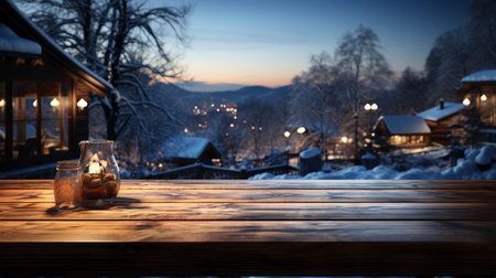 Winter scene with warm candle lights on a bridge, festive tree in the background, and a rustic wooden foreground in a serene snowy landscapeの素材