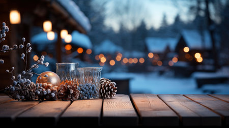 Winter xmas background with empty space on table top in front. Christmas horizontal blank scene. Wooden table top in front, blurred Christmas tree in the snow. Snowy sceneの素材