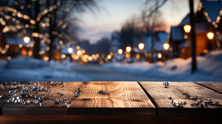 Winter xmas background with empty space on table top in front. Christmas horizontal blank scene. Wooden table top in front, blurred Christmas tree in the snow. Snowy sceneの素材