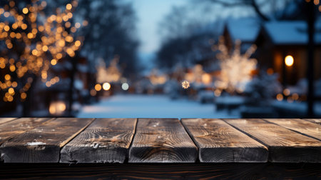 Winter xmas background with empty space on table top in front. Christmas horizontal blank scene. Wooden table top in front, blurred Christmas tree in the snow. Snowy sceneの素材