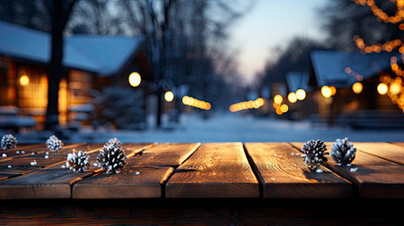 Winter xmas background with empty space on table top in front. Christmas horizontal blank scene. Wooden table top in front, blurred Christmas tree in the snow. Snowy sceneの素材