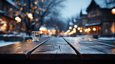 Winter xmas background with empty space on table top in front. Christmas horizontal blank scene. Wooden table top in front, blurred Christmas tree in the snow. Snowy sceneの素材