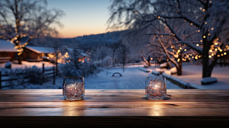 Winter xmas background with empty space on table top in front. Christmas horizontal blank scene. Wooden table top in front, blurred Christmas tree in the snow. Snowy sceneの素材