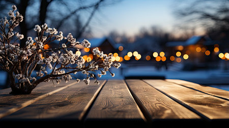 Winter xmas background with empty space on table top in front. Christmas horizontal blank scene. Wooden table top in front, blurred Christmas tree in the snow. Snowy sceneの素材