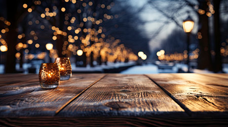 Winter xmas background with empty space on table top in front. Christmas horizontal blank scene. Wooden table top in front, blurred Christmas tree in the snow. Snowy sceneの素材