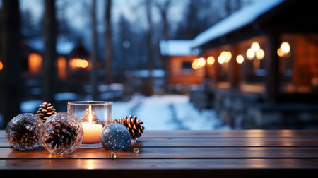 Winter xmas background with empty space on table top in front. Christmas horizontal blank scene. Wooden table top in front, blurred Christmas tree in the snow. Snowy sceneの素材