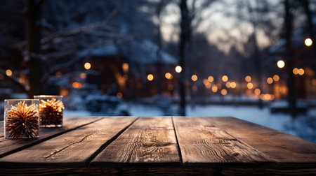 Winter xmas background with empty space on table top in front. Christmas horizontal blank scene. Wooden table top in front, blurred Christmas tree in the snow. Snowy sceneの素材