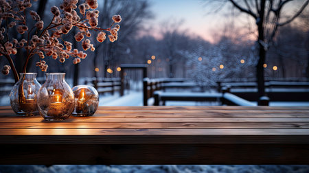 Winter xmas background with empty space on table top in front. Christmas horizontal blank scene. Wooden table top in front, blurred Christmas tree in the snow. Snowy sceneの素材
