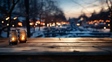 Winter xmas background with empty space on table top in front. Christmas horizontal blank scene. Wooden table top in front, blurred Christmas tree in the snow. Snowy sceneの素材