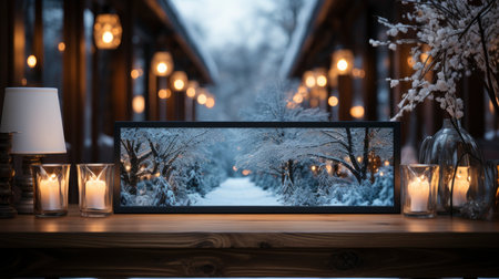 Winter xmas background with empty space on table top in front. Christmas horizontal blank scene. Wooden table top in front, blurred Christmas tree in the snow. Snowy sceneの素材
