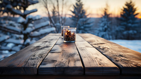 Winter xmas background with empty space on table top in front. Christmas horizontal blank scene. Wooden table top in front, blurred Christmas tree in the snow. Snowy sceneの素材