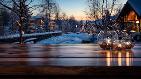 Winter xmas background with empty space on table top in front. Christmas horizontal blank scene. Wooden table top in front, blurred Christmas tree in the snow. Snowy sceneの素材
