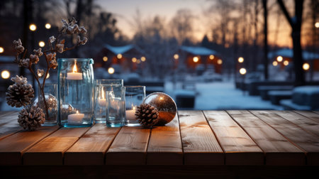Winter xmas background with empty space on table top in front. Christmas horizontal blank scene. Wooden table top in front, blurred Christmas tree in the snow. Snowy sceneの素材