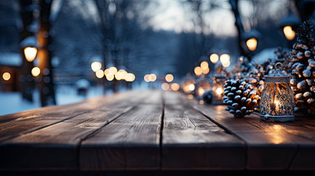 Winter xmas background with empty space on table top in front. Christmas horizontal blank scene. Wooden table top in front, blurred Christmas tree in the snow. Snowy sceneの素材