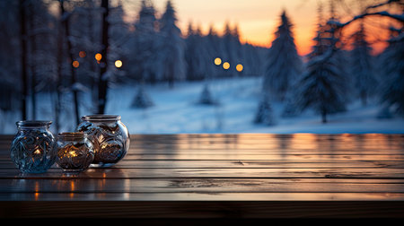 Winter xmas background with empty space on table top in front. Christmas horizontal blank scene. Wooden table top in front, blurred Christmas tree in the snow. Snowy sceneの素材