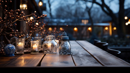 Winter xmas background with empty space on table top in front. Christmas horizontal blank scene. Wooden table top in front, blurred Christmas tree in the snow. Snowy sceneの素材