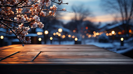 Winter xmas background with empty space on table top in front. Christmas horizontal blank scene. Wooden table top in front, blurred Christmas tree in the snow. Snowy sceneの素材
